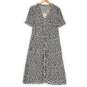 Casa Cabana Black Cream Bianca Tiered Geometric Button Front Midi Dress Size S